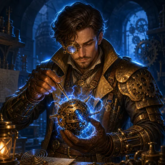 Clockwright, an inventor holding a crackling brass sphere