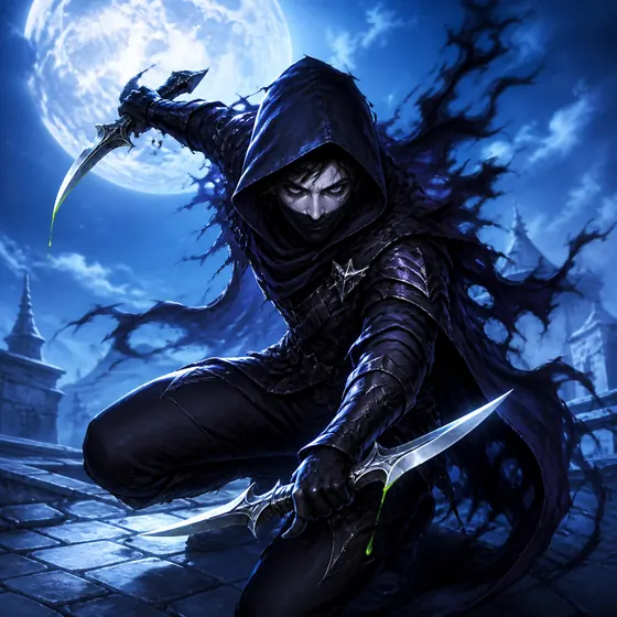 Nightveil, a masked assassin on a moonlit rooftop